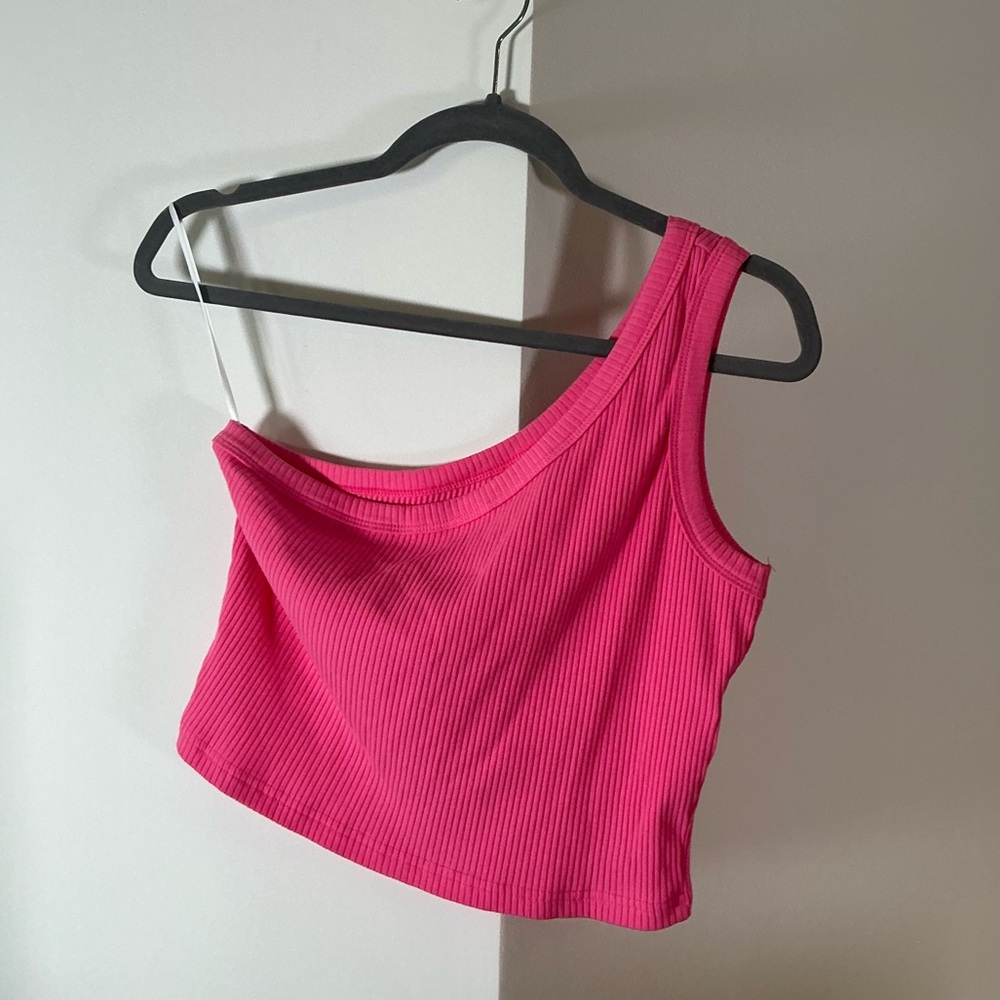 Pink Ribbed One-Shoulder Crop Top
